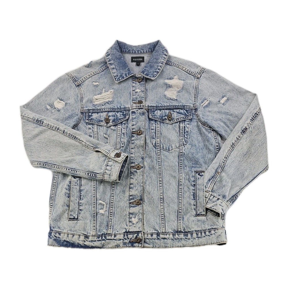 Poison Mushroom Womens Distressed Acid Wash Denim Jacket Large Trucker Biker